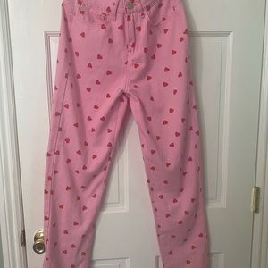 Slightly baggy pink heart jeans trendy